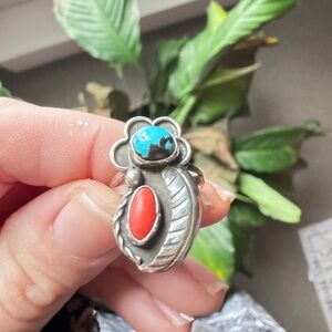 Sterling silver NAJ Genuine Coral and Turquoise Flower Feather Ring